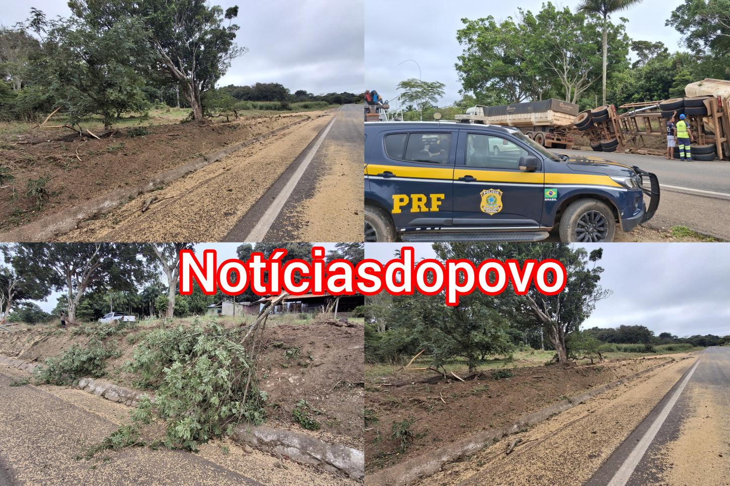 Carreta carregada de soja tomba na BR-364. 