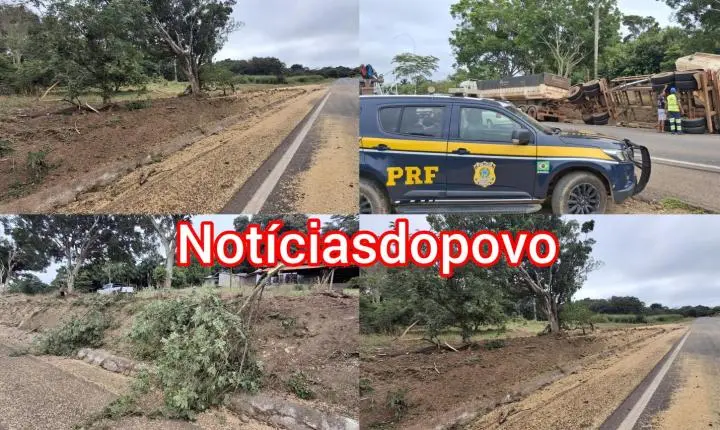 Carreta carregada de soja tomba na BR-364. 